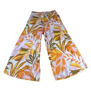C&C California 100% Linen Wide-Leg Pants Women's L With Tropical Leaf Hippie